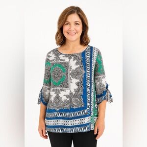 CHICOS 1 M Bandana Patchwork Roll Tab 3/4 Sleeve Blouse Satin Tapestry Scarf